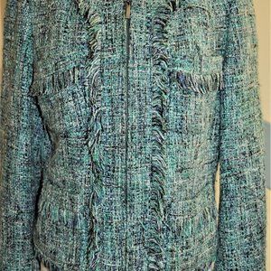Green Chanel-style zip jacket with fringe detailing by INC.  Size 10/
